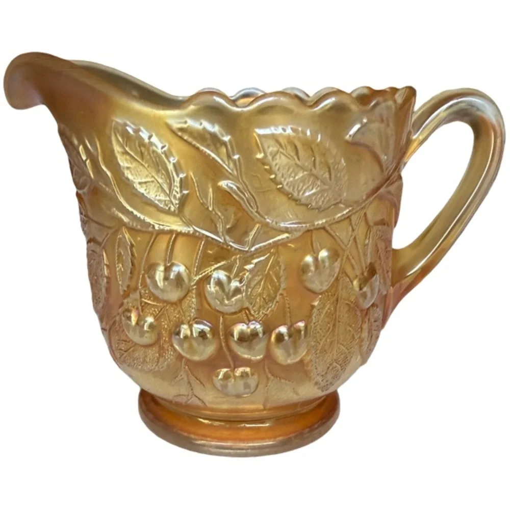Vintage Marigold Carnival Glass Creamer with a Drop Cherry Pattern